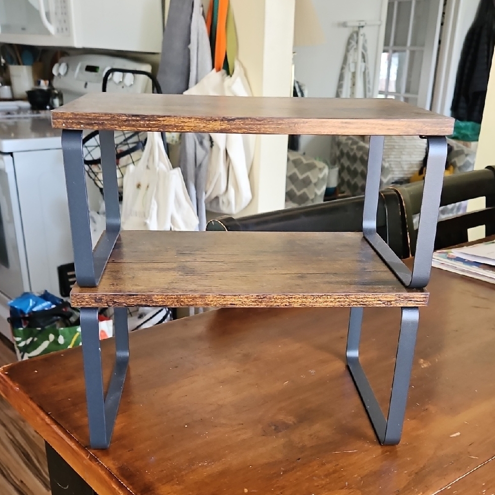 Two-Tier Wooden Shelf with Black Metal Frame